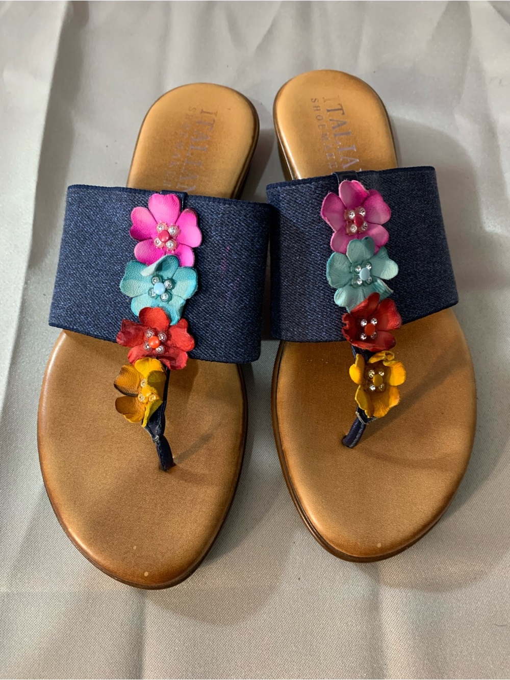 Italian Shoemakers Navy Slide Sandals with Multicolor Floral Accents A/6